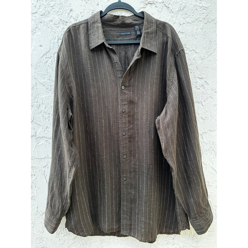 Structure Mens XXL Brown Pinstripe 100% Linen Long Sleeve Button Down Shirt